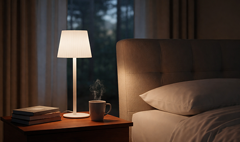 Table lamp placed on bedside table